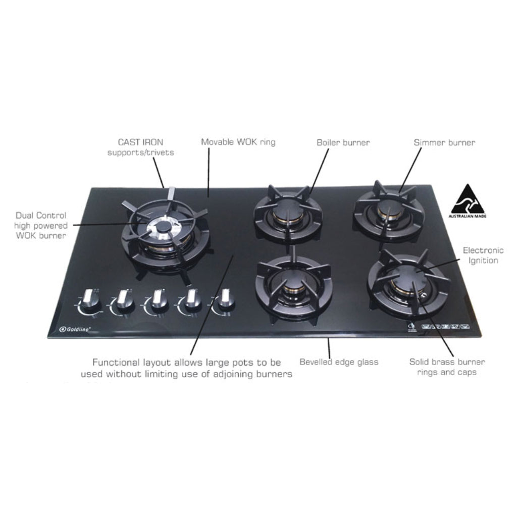 Goldline Avard GLDUAL5BZNGCAST 93cm Gas Cooktop Stove Doctor